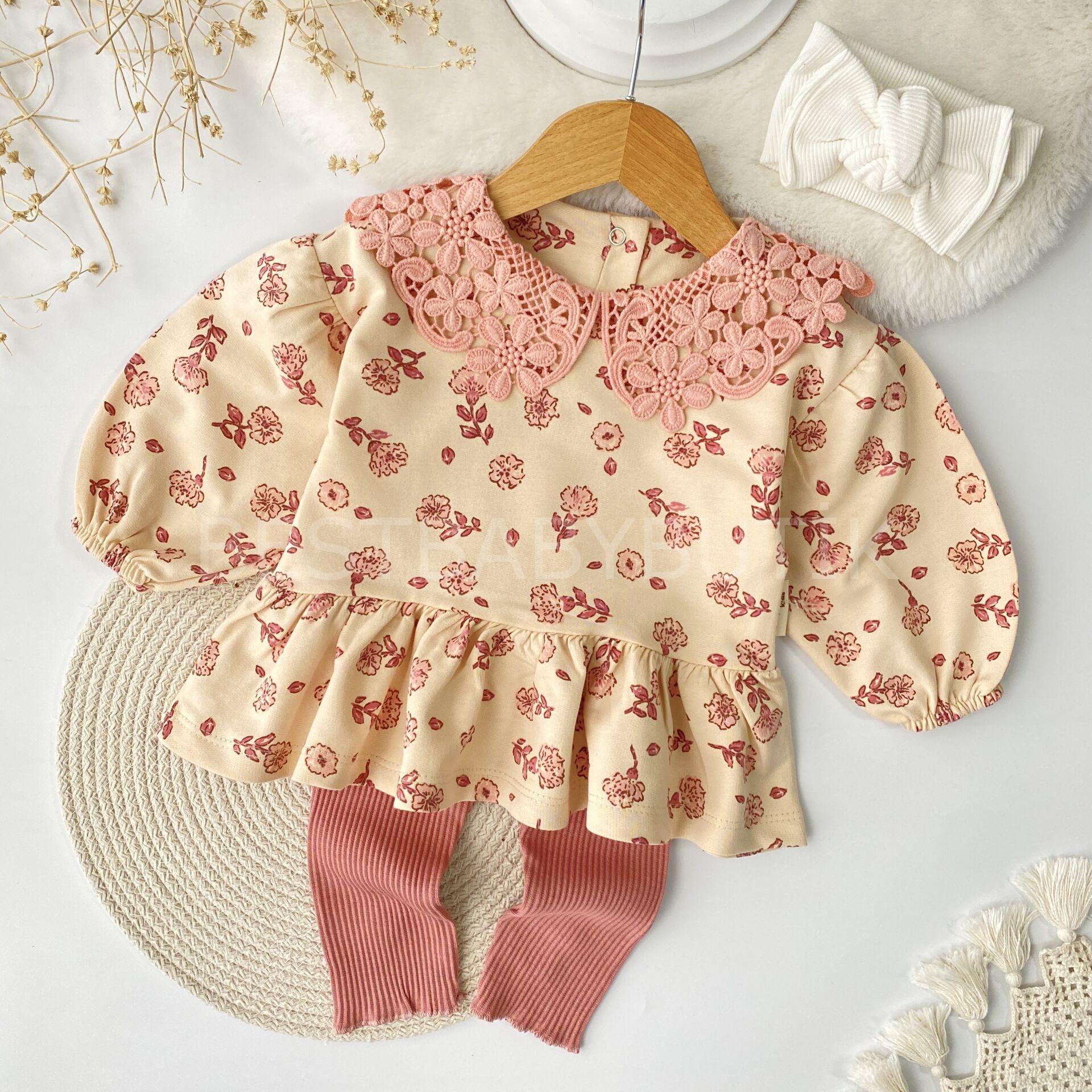 Çiçek Yaka Detaylı Fırfırlı Balon Kol 2’Li Takım