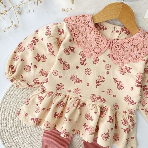 Çiçek Yaka Detaylı Fırfırlı Balon Kol 2’Li Takım