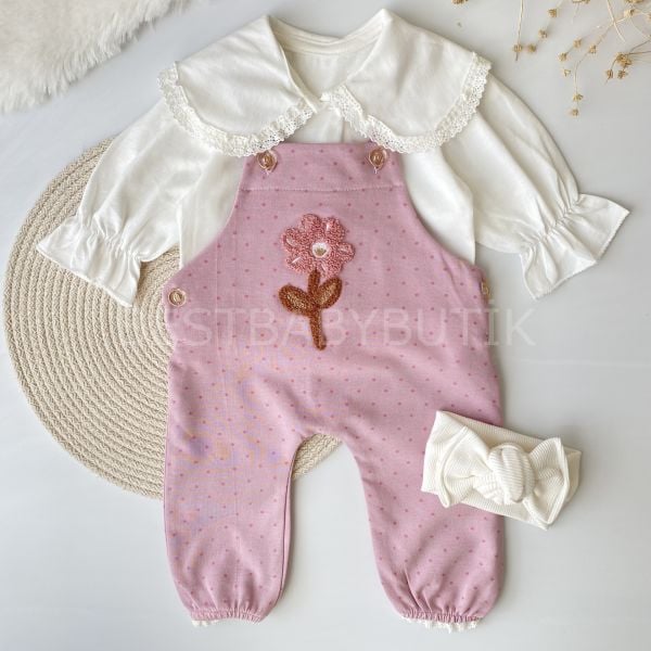PAPATYA PANÇ İŞLEMELİ BÜYÜK BEBE YAKA BENEKLİ 2’Lİ SALOPET TAKIMI