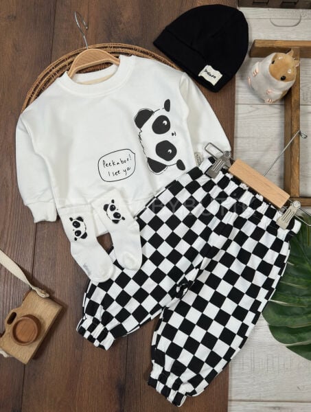 Panda Baskılı Damalı Çorap Ve Bereli 4’Lü Takım