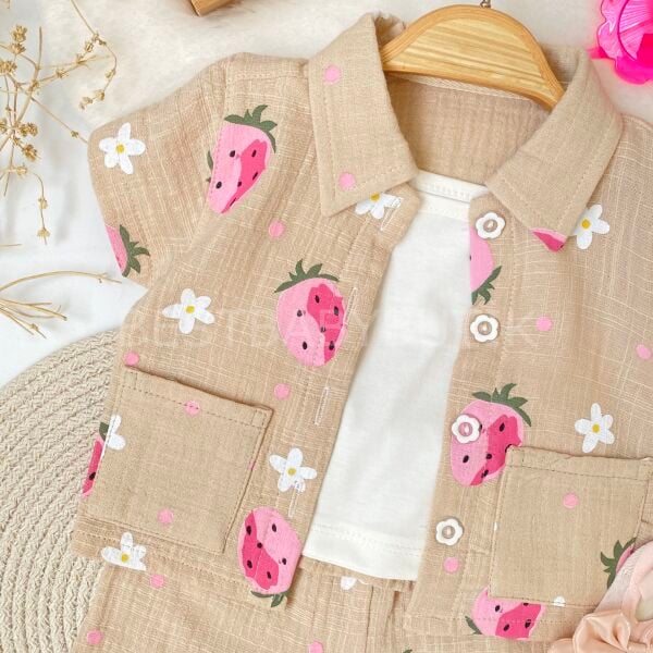 Çilekli Oversize 3’Lü Takım - BEJ 18-24 AY