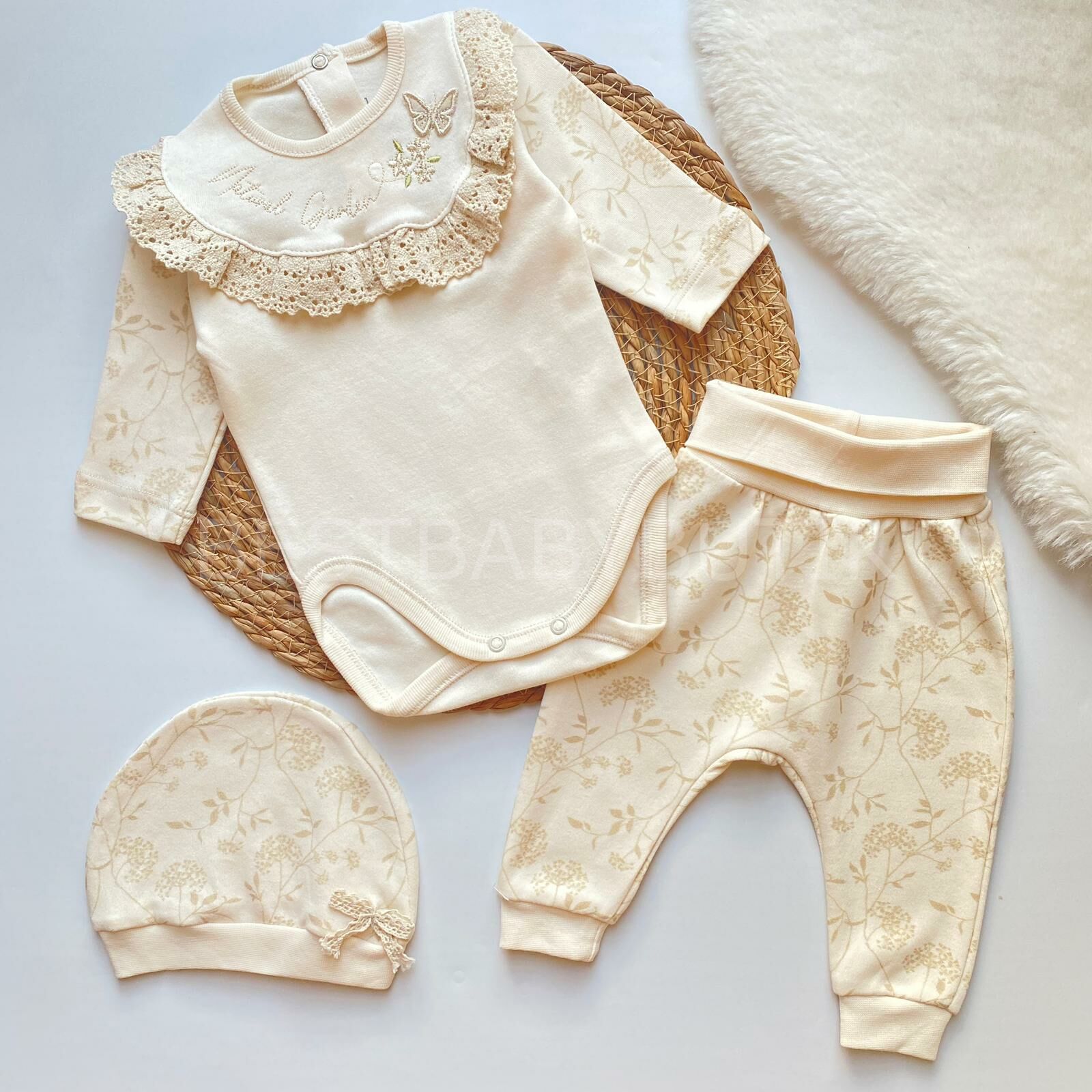 MAYSA KELEBEK DANTEL YAKA DETAYLI 3'LÜ TAKIM KREM - 0-1 AY 50-56 CM