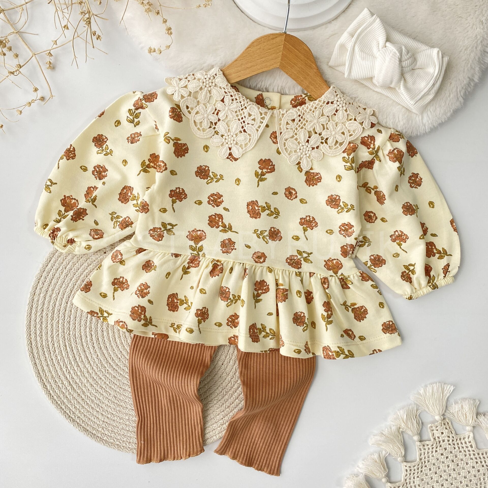 Çiçek Yaka Detaylı Fırfırlı Balon Kol 2’Li Takım