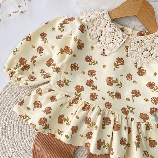 Çiçek Yaka Detaylı Fırfırlı Balon Kol 2’Li Takım