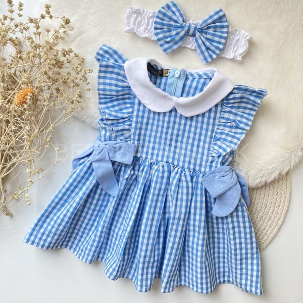 MARİA BEBE YAKA YANDAN KURDALE DETAYLI MAVİ PÖTİKARE ELBİSE VE BANDANASI