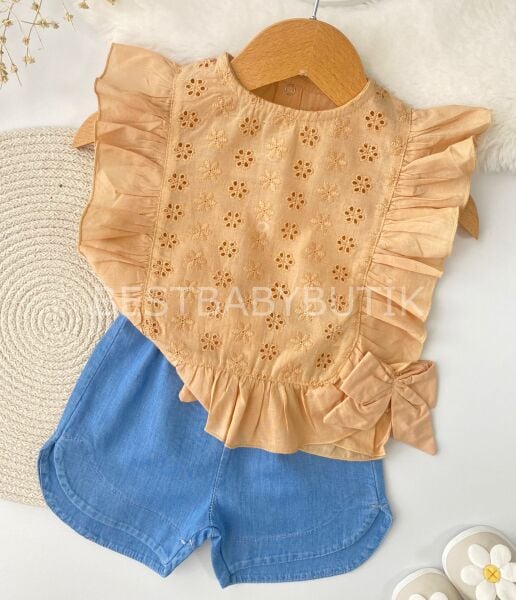 Fisto Güpürlü Fiyonklu Kot Şortlu 2’Li Takım 18-24 AY