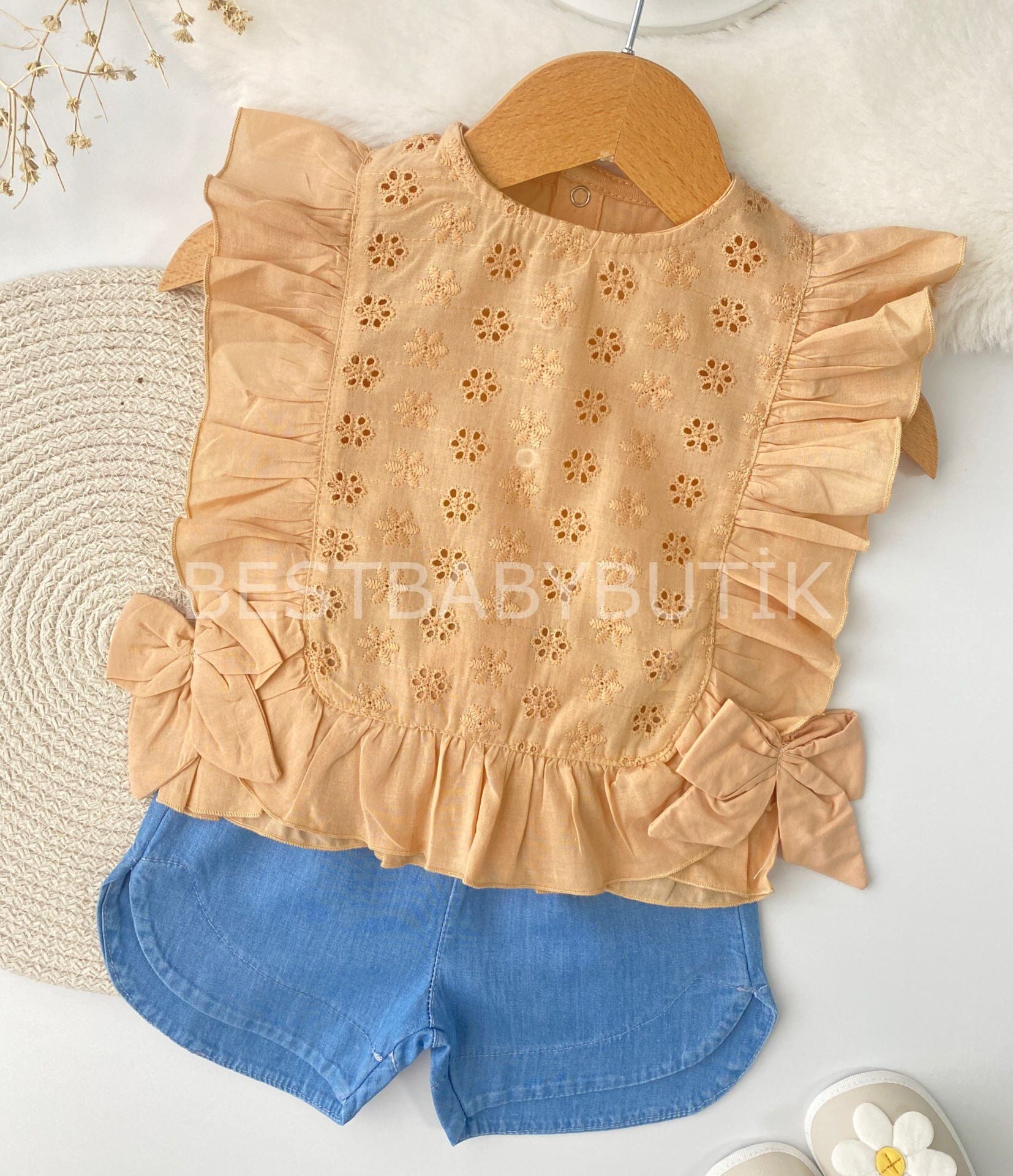 Fisto Güpürlü Fiyonklu Kot Şortlu 2’Li Takım 18-24 AY