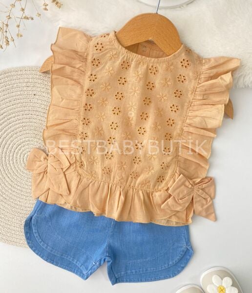 Fisto Güpürlü Fiyonklu Kot Şortlu 2’Li Takım