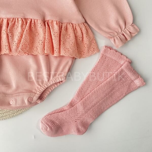 Fisto Yakalı Güllü Bandanalı ve Çoraplı 3’Lü Romper Takım