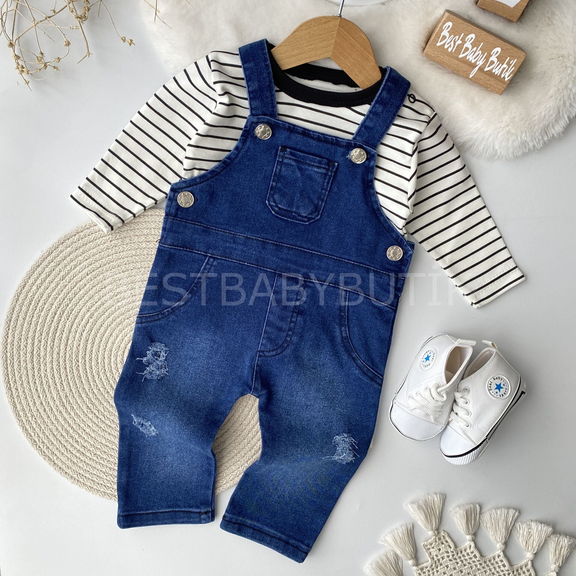 Alvin Çizgili Tişörtlü Kot Tulum - KOYU RENK 3-6 AY