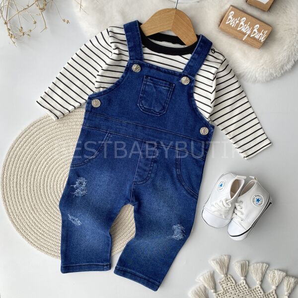 Alvin Çizgili Tişörtlü Kot Tulum - KOYU RENK