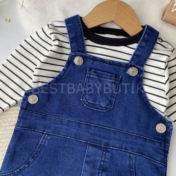 Alvin Çizgili Tişörtlü Kot Tulum - KOYU RENK 3-6 AY