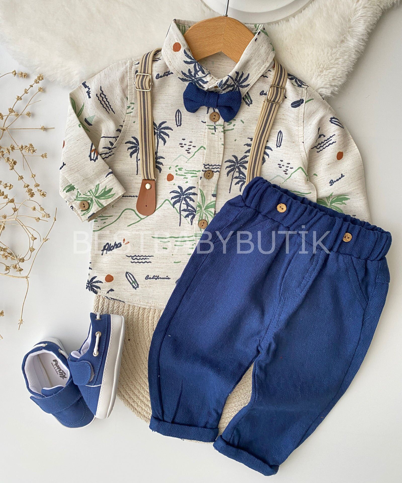 Palmiye Papyonlu  Keten Gömlekli 4’Lü Takım