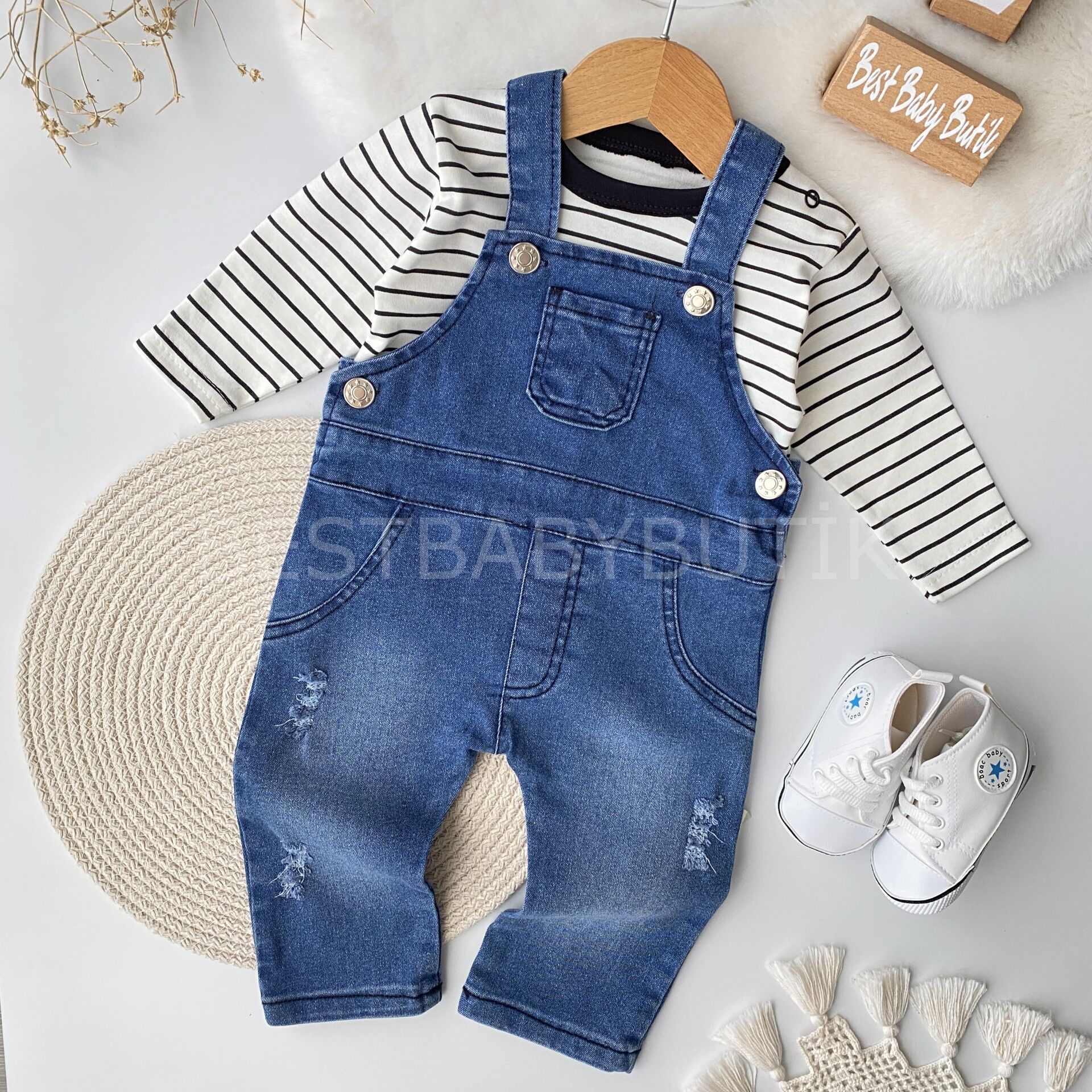 Alvin Çizgili Tişörtlü Kot Tulum - AÇIK RENK