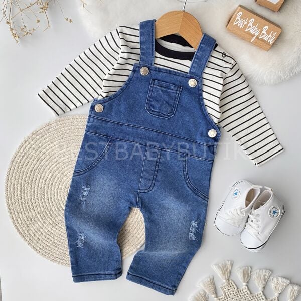 Alvin Çizgili Tişörtlü Kot Tulum - AÇIK RENK