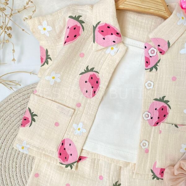 Çilekli Oversize 3’Lü Takım - KREM 18-24 AY