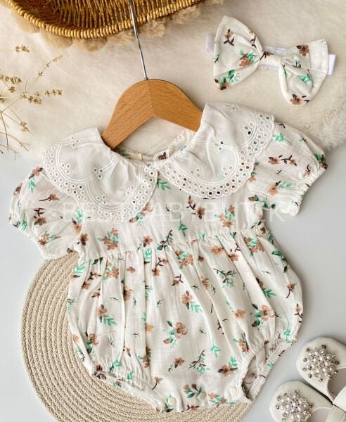 Çiçekli Fisto Yakalı Bandanalı Romper