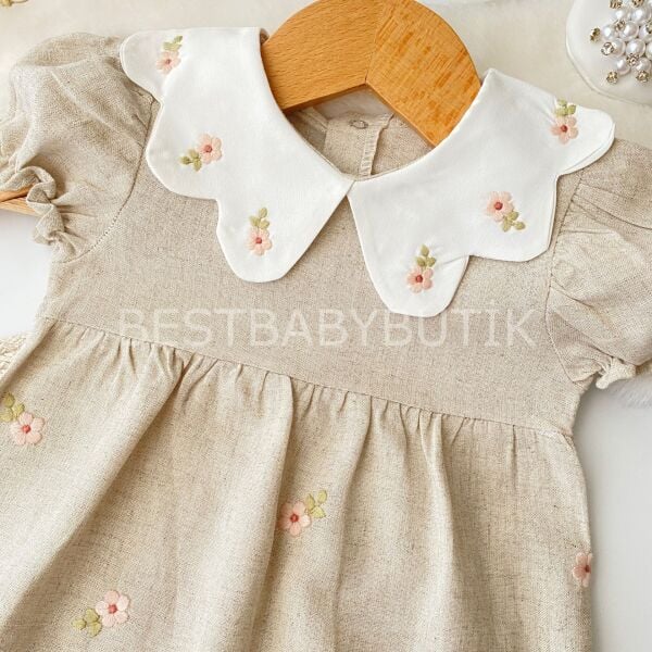 Mymio Nakış Detaylı Natürel Papatya Yaka Tulum 0-3 AY