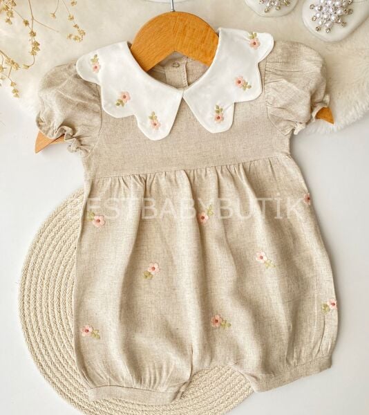 Mymio Nakış Detaylı Natürel Papatya Yaka Tulum