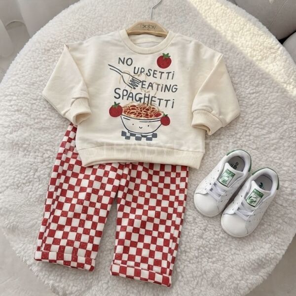 Domates Spagetti Detaylı Damalı Oversize Pinterest Takım 12-18 AY
