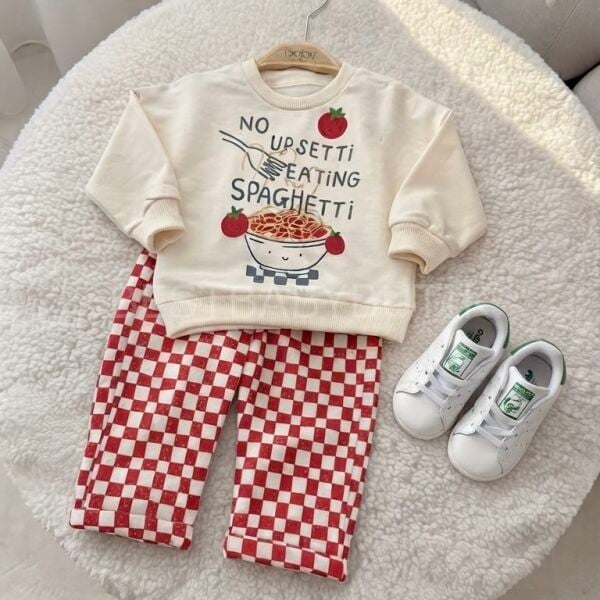Domates Spagetti Detaylı Damalı Oversize Pinterest Takım 9-12 AY