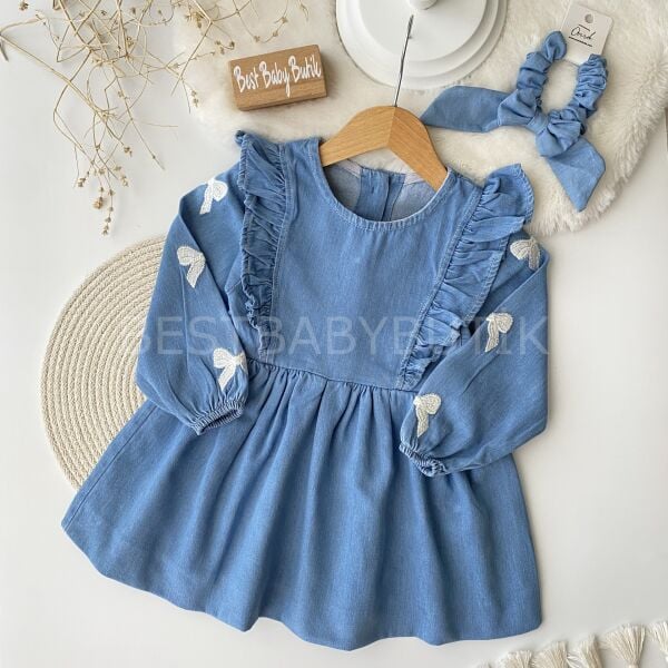 Premium Elsa Kolları Kurdale Nakışlı Balon Etekli Kot Elbise