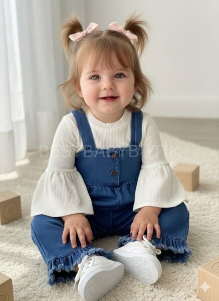 Premium Koleksiyon Balon Kol Detaylı Askılı Bol Paça Kot Tulum 18-24 AY