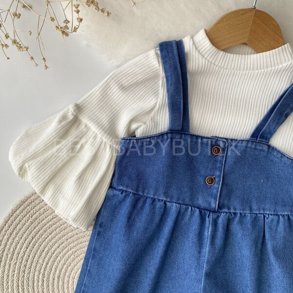 Premium Koleksiyon Balon Kol Detaylı Askılı Bol Paça Kot Tulum 18-24 AY