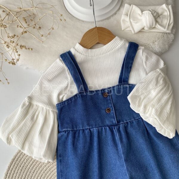 Premium Koleksiyon Balon Kol Detaylı Askılı Bol Paça Kot Tulum 18-24 AY