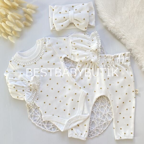 Premium Koleksiyon Simli Kalp Detaylı Balon Kollu Bandanalı 3’Lü Takım