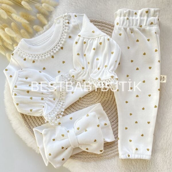 Premium Koleksiyon Simli Kalp Detaylı Balon Kollu Bandanalı 3’Lü Takım