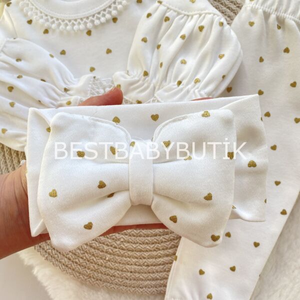 Premium Koleksiyon Simli Kalp Detaylı Balon Kollu Bandanalı 3’Lü Takım