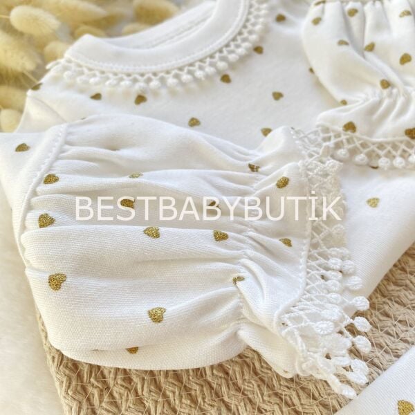 Premium Koleksiyon Simli Kalp Detaylı Balon Kollu Bandanalı 3’Lü Takım