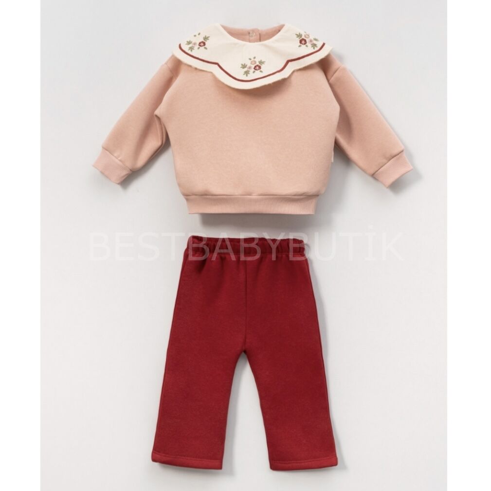 Çiçek Nakışlı Yaka Detaylı Şardonlu 2’Li Bol Paça Takım