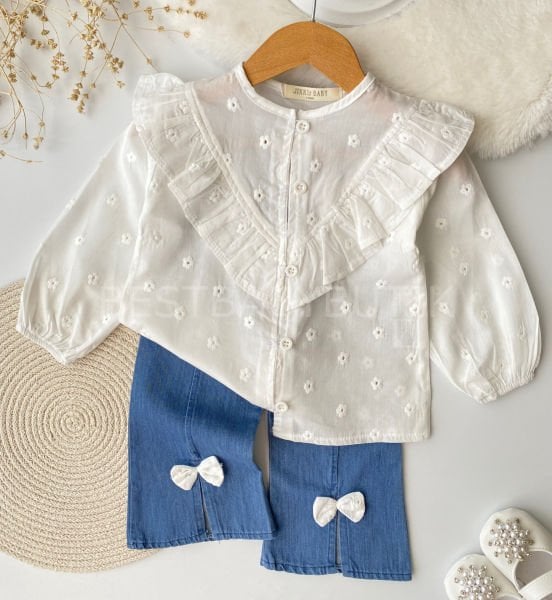 Papatya Nakış Gömlekli İspanyol Paça Kot Pantolonlu 2’Li Takım