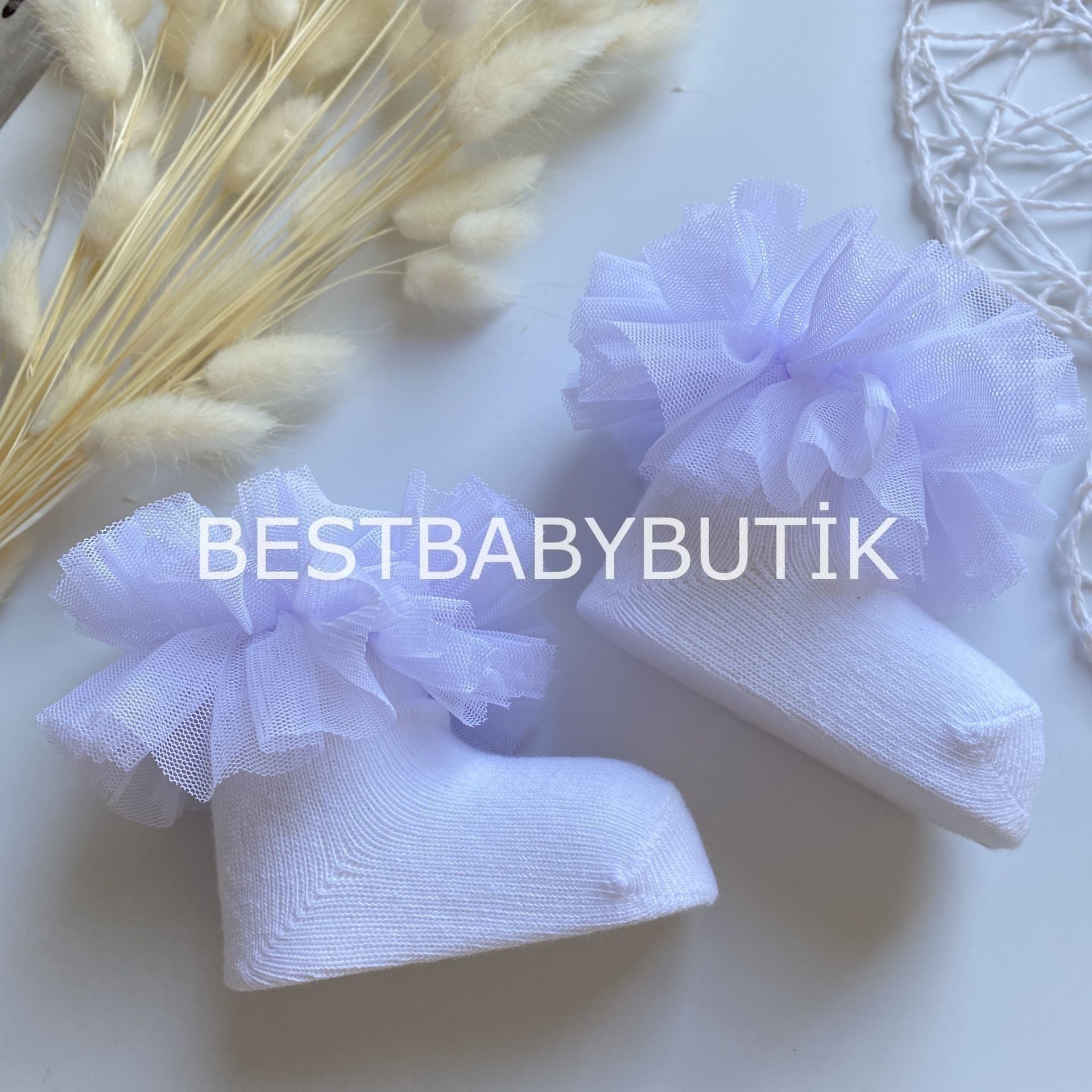 BEYAZ LILA ARASI TÜTÜ ÇORAP (0-6 Ay)