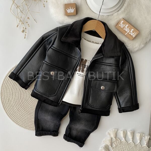 Premium Kalite Deri Ceketli Kot Pantolonlu 3’Lü Takım (1-8 YAŞ)