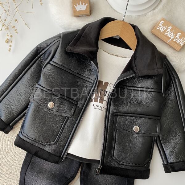 Premium Kalite Deri Ceketli Kot Pantolonlu 3’Lü Takım (1-8 YAŞ)