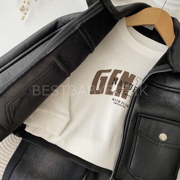 Premium Kalite Deri Ceketli Kot Pantolonlu 3’Lü Takım (1-8 YAŞ) 8 YAŞ