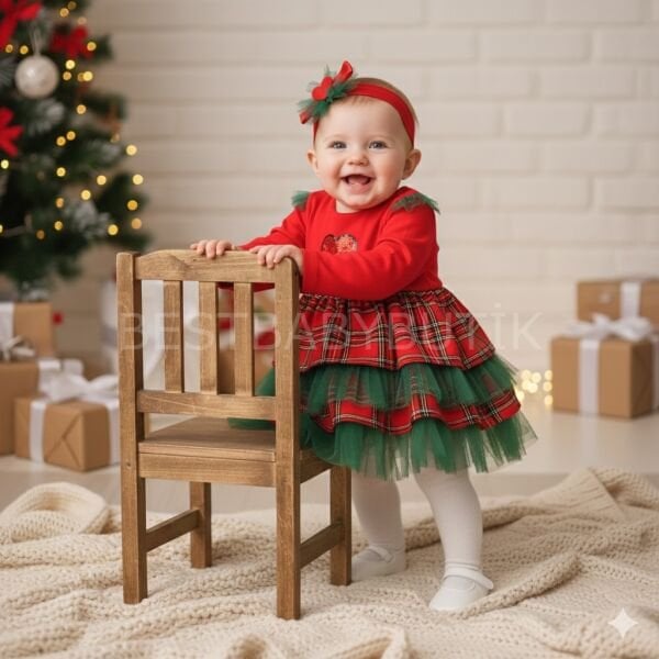 Ekose Bandanalı Tüllü Konsept Elbise