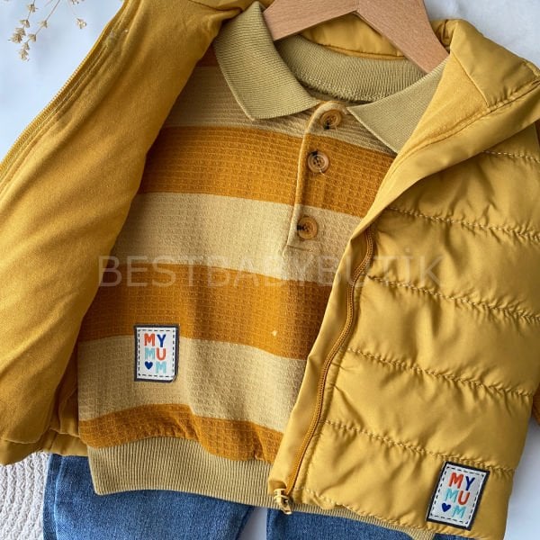 Polo Yaka Çizgili Şişme Yelekli Kot Pantolonlu 3’Lü Takım
