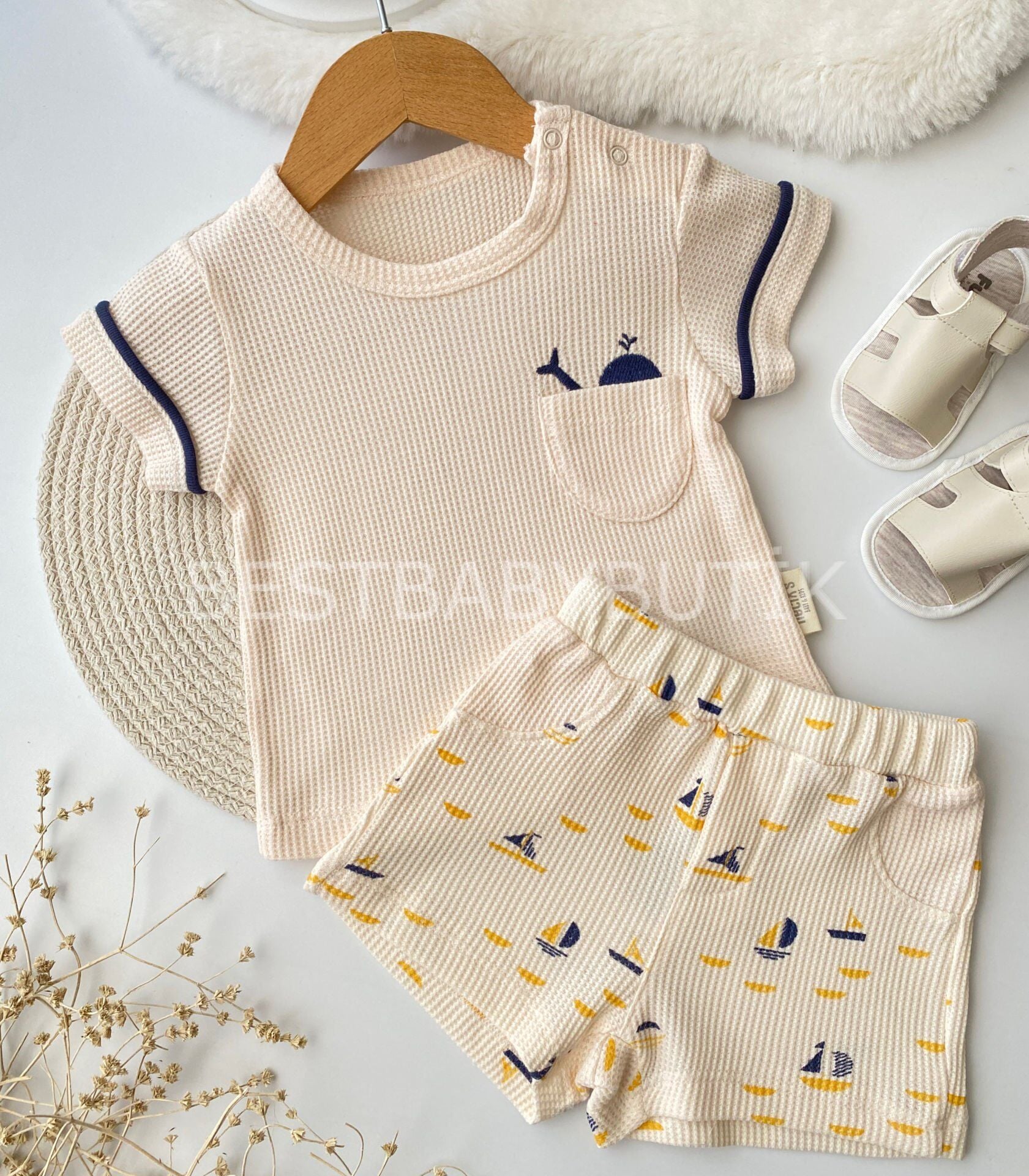 Deniz Detaylı Waffle Mini Cepli 2’Li Takım 9-12 AY