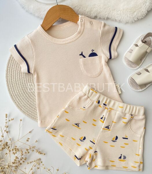 Deniz Detaylı Waffle Mini Cepli 2’Li Takım