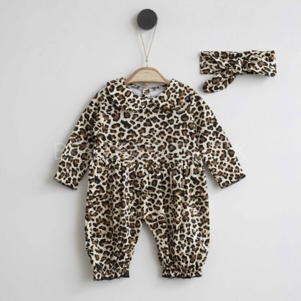 Leopar Detaylı Bebe Yaka Bandanalı Robalı Tulum