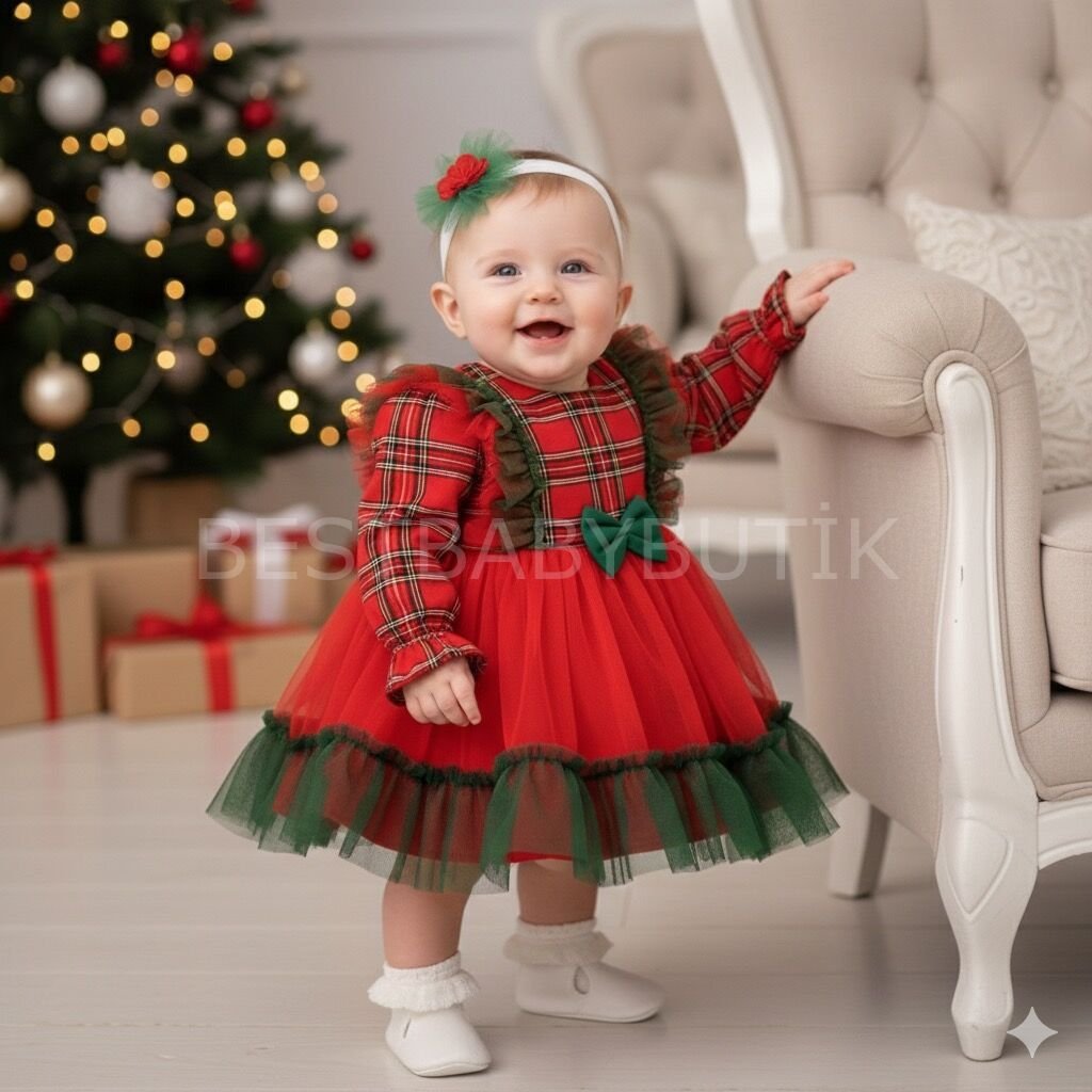 Ekose Bandanalı Tüllü Konsept Elbise