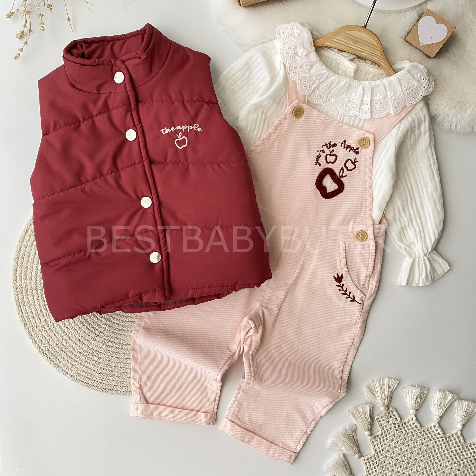 Theapple Premium Kadife Tulumlu Müslin Gömlek Ve Şişme Yelekli 3’Lü Takım