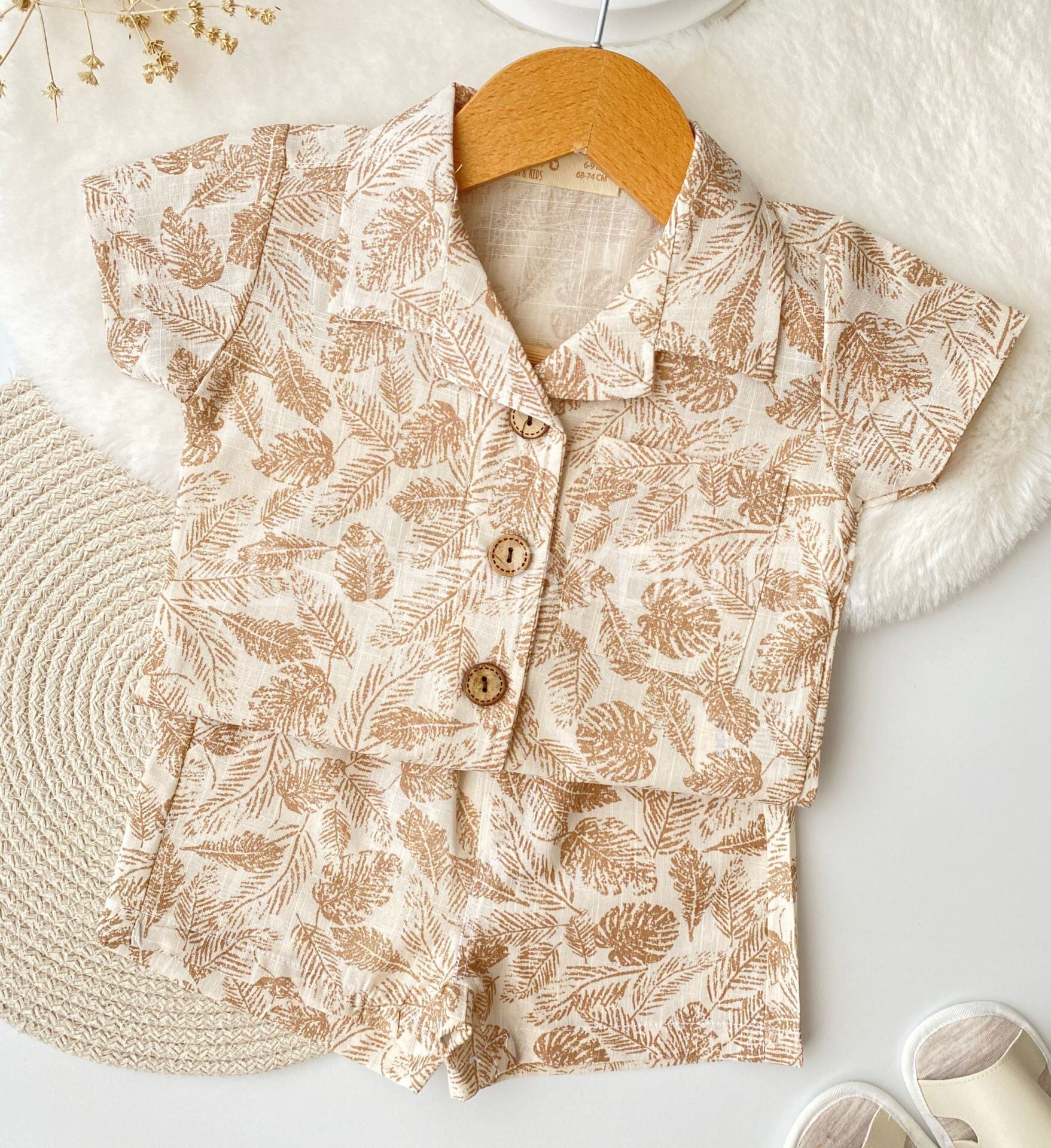 Yaprak Desenli Ahşap Düğmeli Gömlekli 2’Li Takım 18-24 AY