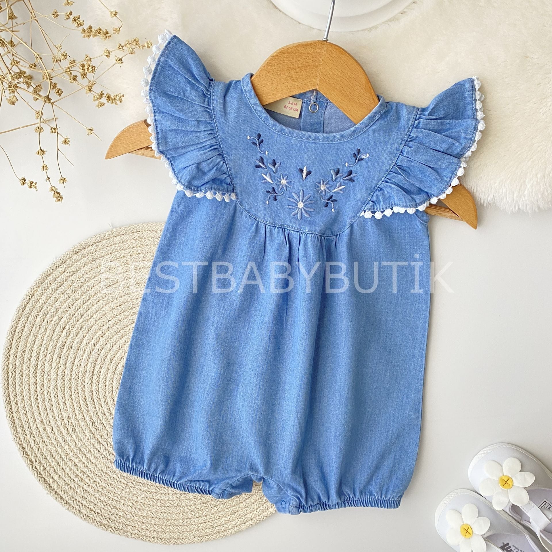 Nakış Ve Fırfır Detaylı Kot Tulum 3-6 AY