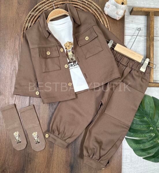 Gabardin Düğmeli Çoraplı Ayıcık Baskılı Badili Cep Detaylı Likralı 4lü Takım