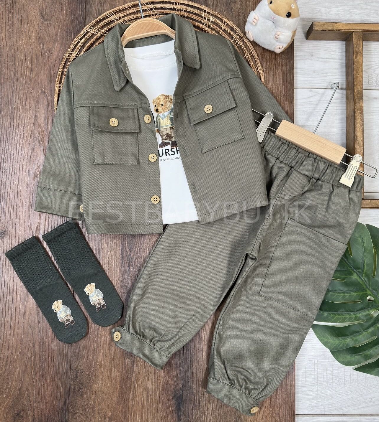 Gabardin Düğmeli Çoraplı Ayıcık Baskılı Badili Cep Detaylı Likralı 4lü Takım 2-3 YAŞ